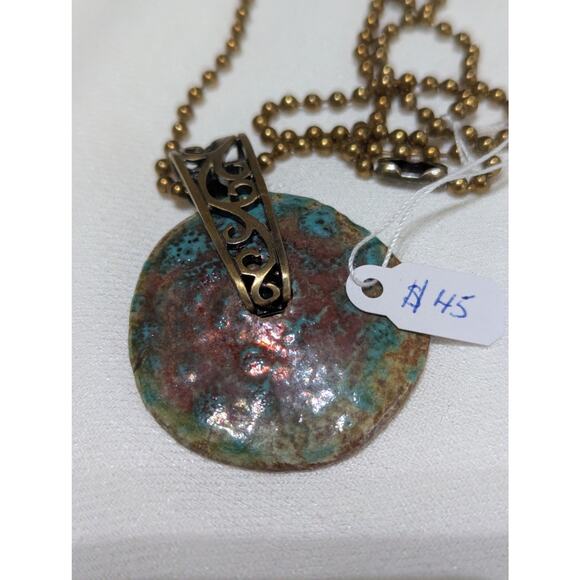 Raku donut pendant+17 ball chain handmade artisan brass ethnic boho hippie NWT - Picture 1 of 6